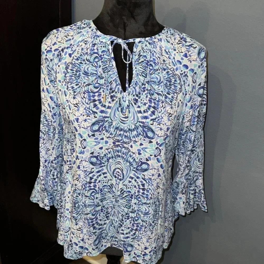 Lilly Pulitzer Blue & White Printed Peasant Blouse
